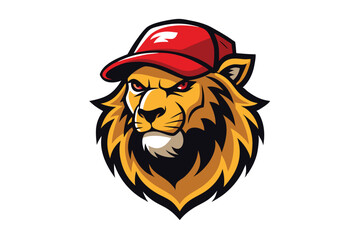 Fierce golden lion head with piercing red eyes sports a modern red cap proudly