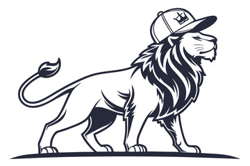 Confident stylized lion with a crownemblazoned cap stands gracefully in profile, its mane elegantly highlighted