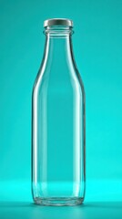 Ultra quality image of 3D rendering of a glass water bottle with a straight bottom, front view, against a turquoise background, for product photography.