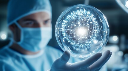 Surgeon wearing protective medical attire, holding glowing network filled glass sphere symbolizing worldwide healthcare connectivity and technological advancement,Surgeon
