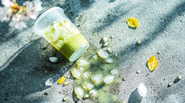 A single spilled iced matcha latte on a concrete, green liquid and ice scattered on the concrete, 