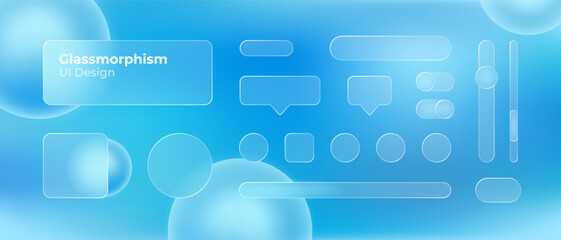 Glassmorphism UI. User interface elements for mobile app. Glass texture icons set. Vector. Simple modern design. For web, social media, business. Eps10 illustration. Abstract background. Blue color.