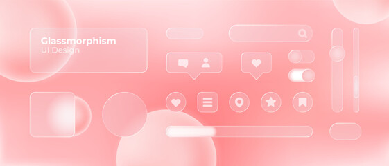 Glassmorphism UI. User interface elements for mobile app. Glass texture icons set. Vector. Simple modern design. For web, social media, business. Eps10 illustration. Abstract background. Red color.