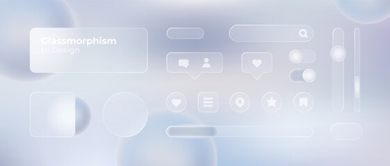 Glassmorphism UI. User interface elements for mobile app. Glass texture icons set. Vector. Simple modern design. For web, social media, business. Eps10 illustration. Abstract background. White color.