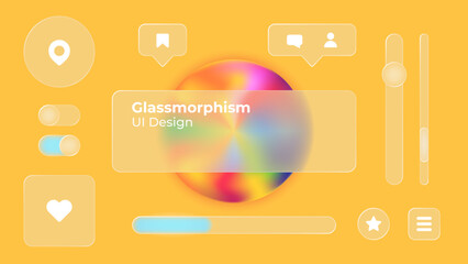 Glassmorphism UI. User interface elements for mobile app. Glass texture icons set. Vector. Simple modern design. For web, social media, business. Eps10 illustration. Abstract background. Yellow color.