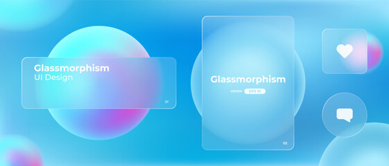 Glassmorphism UI. User interface elements for mobile app. Glass texture icons set. Vector. Simple modern design. For web, social media, business. Eps10 illustration. Abstract background. Blue color.