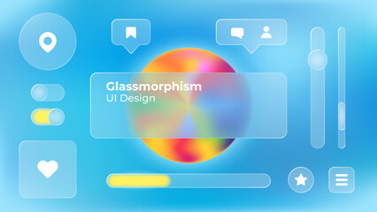 Glassmorphism UI. User interface elements for mobile app. Glass texture icons set. Vector. Simple modern design. For web, social media, business. Eps10 illustration. Abstract background. Blue color.