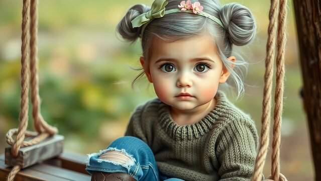 Portr&auml;t eines s&uuml;&szlig;en kleinen M&auml;dchens mit Blumen-Haarband auf einer Schaukel. Gro&szlig;e Augen, zartes Gesicht, herbstliches Outfit &ndash; digital gemalt im realistischen Stil.