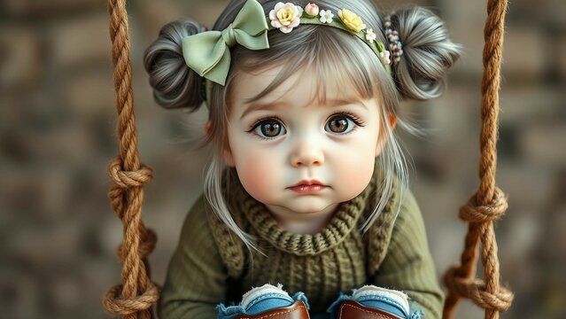 Portr&auml;t eines s&uuml;&szlig;en kleinen M&auml;dchens mit Blumen-Haarband auf einer Schaukel. Gro&szlig;e Augen, zartes Gesicht, herbstliches Outfit &ndash; digital gemalt im realistischen Stil.