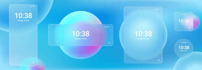 Glassmorphism UI. User interface elements for mobile app. Glass texture icons set. Vector. Simple modern design. For web, social media, business. Eps10 illustration. Abstract background. Blue color.