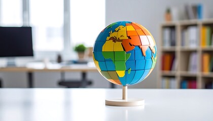 Colorful blocks create a globe shape on a clean desk in a bright workspace