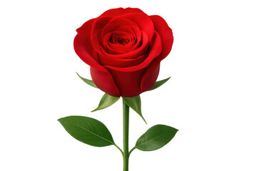 Beautiful single red rose blooming with green leaves on a transparent background, perfect for romantic projects