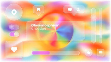 Glassmorphism UI. User interface elements for mobile app. Glass texture icons set. Vector. Simple modern design. For web, social media, business. Eps10 illustration. Abstract background. Rainbow.