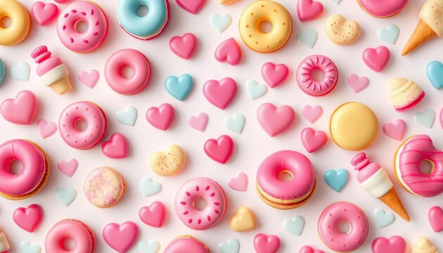 Seamless pastel food patches pattern on a heart background; cute donuts, macarons, ice cream, candy, lovely, pastel pattern