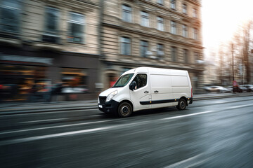 Fast delivery van navigating city streets in broad daylight with blurred urban backdrop
