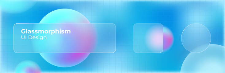 Glassmorphism UI. User interface elements for mobile app. Glass texture icons set. Vector. Simple modern design. For web, social media, business. Eps10 illustration. Abstract background. Blue color.
