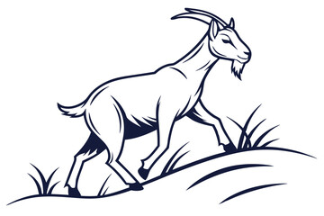 Line art displays a goat climbing a hill surrounded by sparse grass