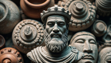 Ancient stone bust of a bearded king with a crown surrounded by historical artifacts