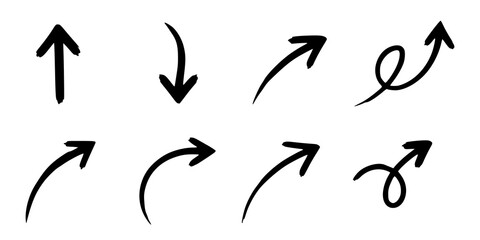 Set of Hand Drawn Curved and Upward Arrows Vector Isolated on White