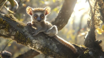 Fototapeta premium A full-body portrait of a small lemur from the Cheirogaleidae family, such as a mouse lemur or dwarf lemur, perched on a tree branch 