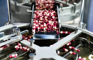 Medicine capsule pill in production line at medical factory, Industrial pharmaceutical concept.	