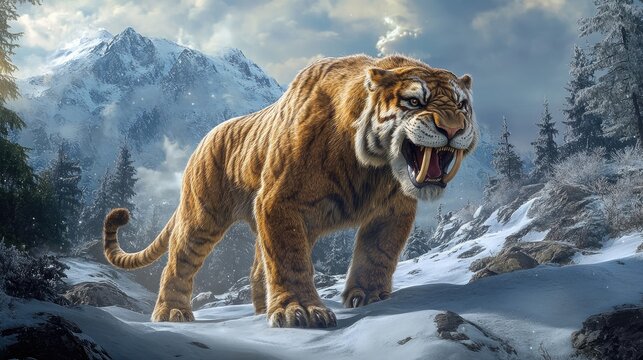A full-body portrait of a saber-toothed tiger (Smilodon) from the Ice Age, standing alert in a prehistoric snowy tundra. 
