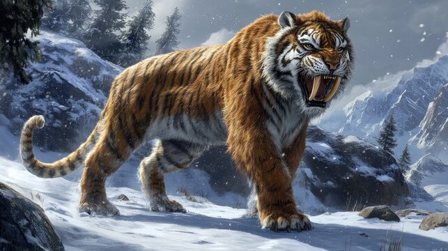 A full-body portrait of a saber-toothed tiger (Smilodon) from the Ice Age, standing alert in a prehistoric snowy tundra. 