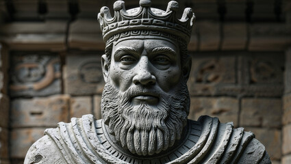 Ancient stone king statue depicting regal majesty wearing a crown with detailed facial features
