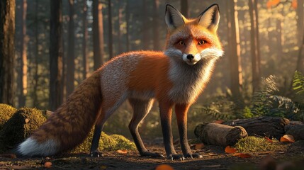 A full-body portrait of a Red Fox (Vulpes vulpes) standing alert in a forest clearing at golden hour, 