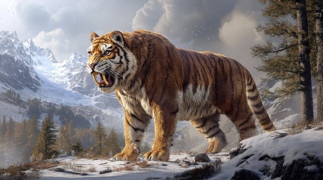A full-body portrait of a saber-toothed tiger (Smilodon) from the Ice Age, standing alert in a prehistoric snowy tundra