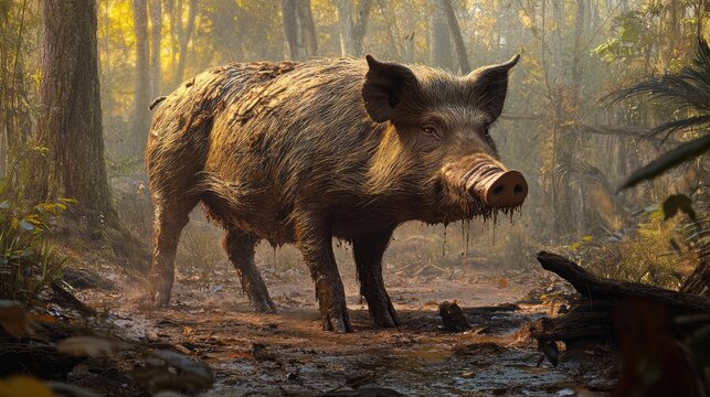 A full-body portrait of a feral pig (Sus scrofa) in its natural environment