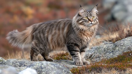 A full-body portrait of a feral cat (Felis catus) in its natural environment,
