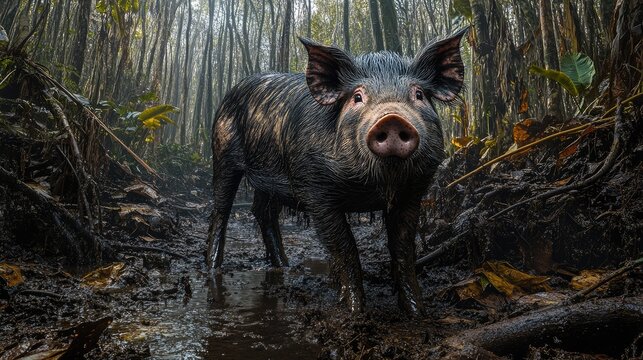 A full-body portrait of a feral pig (Sus scrofa) in its natural environment, standing alert on a muddy forest