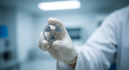 Close-up photo of a gloved hand holding a metallic radioactive symbol, illuminated by lab lighting, emphasizing safety and nuclear science