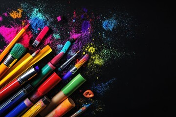 Obraz premium colorful supplies exploding on black background.
