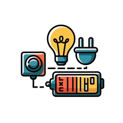 Illustration of a lightbulb, plug, battery, and power button, representing energy and power.