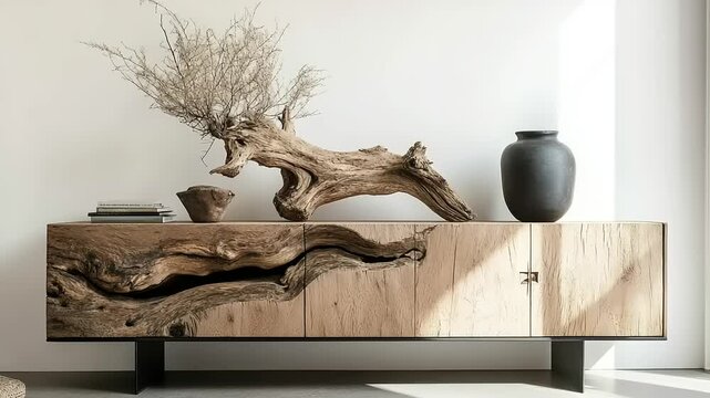 Modern wooden sideboard with natural decor and minimalist vase in stylish interior setting
