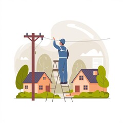 Electrician on Ladder Inspecting Power Lines Near Suburban Homes