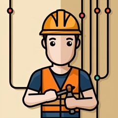 Cartoon Electrician Working on Electrical Wiring, Safety Vest, Hard Hat