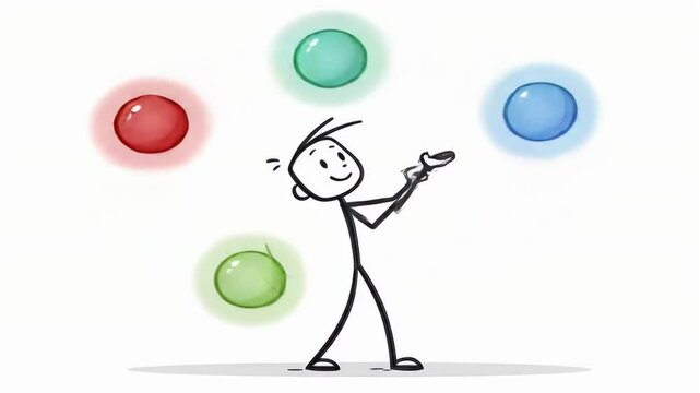 Stickman Juggling Colorful Balls Isolated on White Animation Representing Skill And Balance