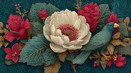 Exquisite Floral Still Life with Bird: A vivid and elegant still life showcases an azure bird perched amidst lush, intricate flowers and foliage.