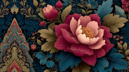 Floral Tapestry: Close-up of a lush, intricately designed tapestry adorned with vibrant peonies and an ornate, floral pattern. A visual symphony of texture and color.