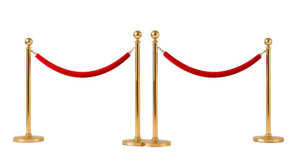 Stanchions with red velvet ropes isolated on transparent background