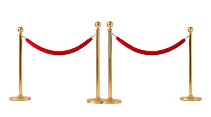 Stanchions with red velvet ropes isolated on transparent background