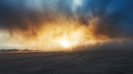 Sunset dust storm golden light desert landscape
