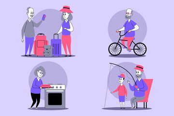 Elderly couple engaged in various activities, including traveling, biking, cooking, and fishing. Active lifestyle, joy of community and interaction concept