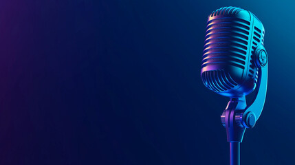 Minimalist International Podcast Day Banner With Bold Electric Blue to Deep Navy Gradient Background Featuring 3D Classic Podcast Microphone on Right Side and Empty Space for Text on the Left