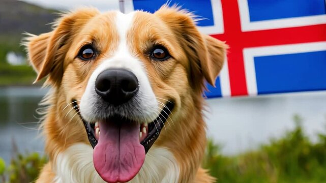 A happy mixed-breed dog with a golden coat stands in front of a lake, proudly displaying an Icelandic flag. The background features green hills and a cloudy sky.