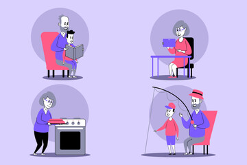 Collection of scenes showing elderly characters reading with child, enjoying tablet, cooking, and fishing. Joyful interactions and home activities concept