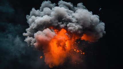 Fiery Explosion with Grey Smoke Against Black Background